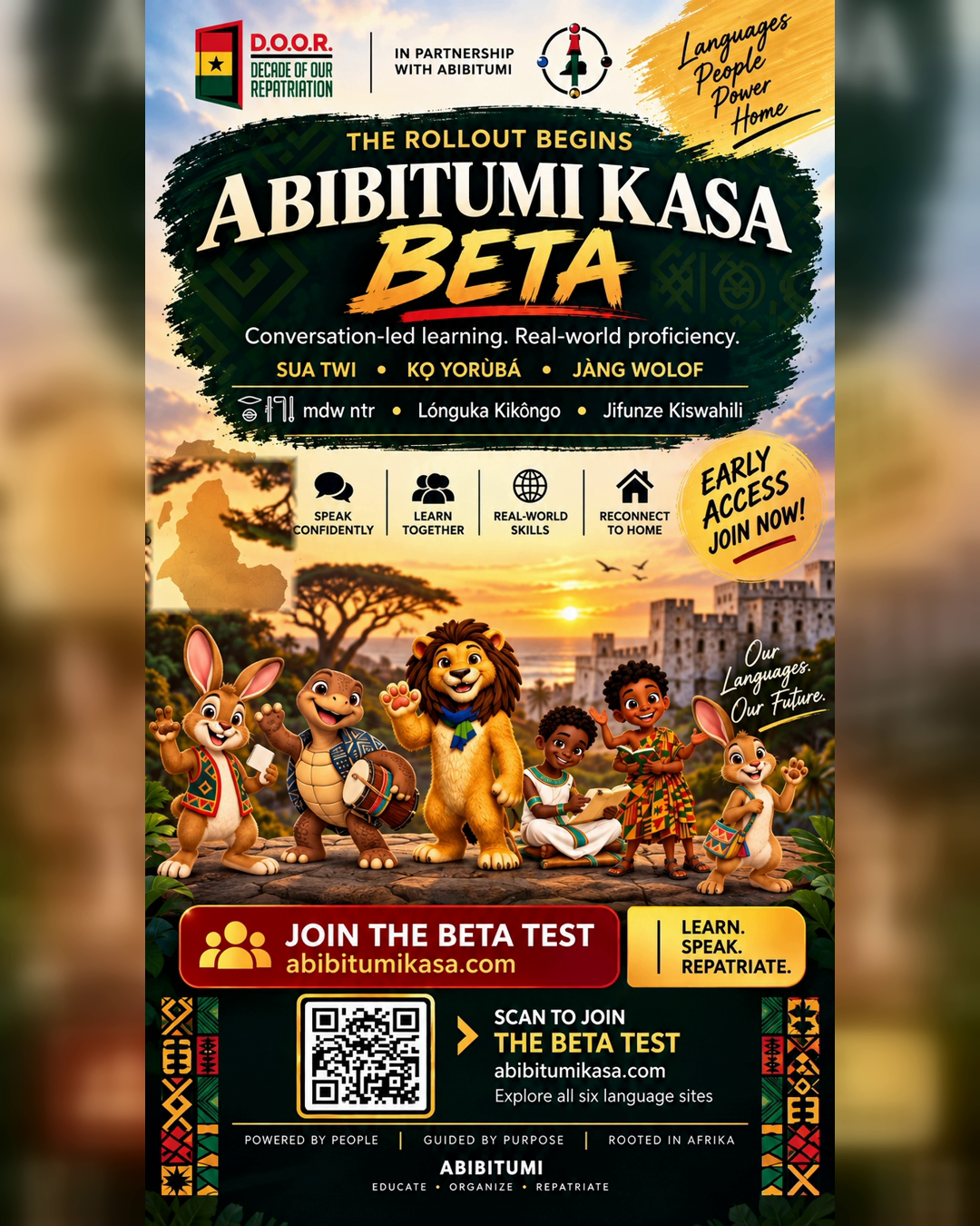 Abibitumi Kasa beta rollout. Learn. Speak. Repatriate. Choose a language below to join the beta test.